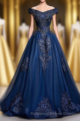 Off The Shoulder Lace Up Floor Length Princess Semi Formal Prom Dresses With Lace Appliques